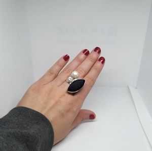 .925 Silver ring marquise cut cristal round zircon & faux pearl